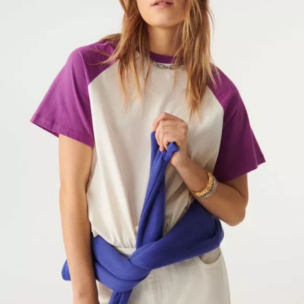 ba&sh Purple & Cream Raglan Short Sleeve Tee
